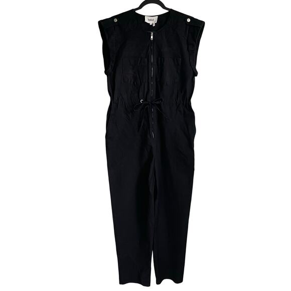 ba&sh Alia Black Jumpsuit Capped Sleeves Tie Waist Size Medium Front Zip Pockets